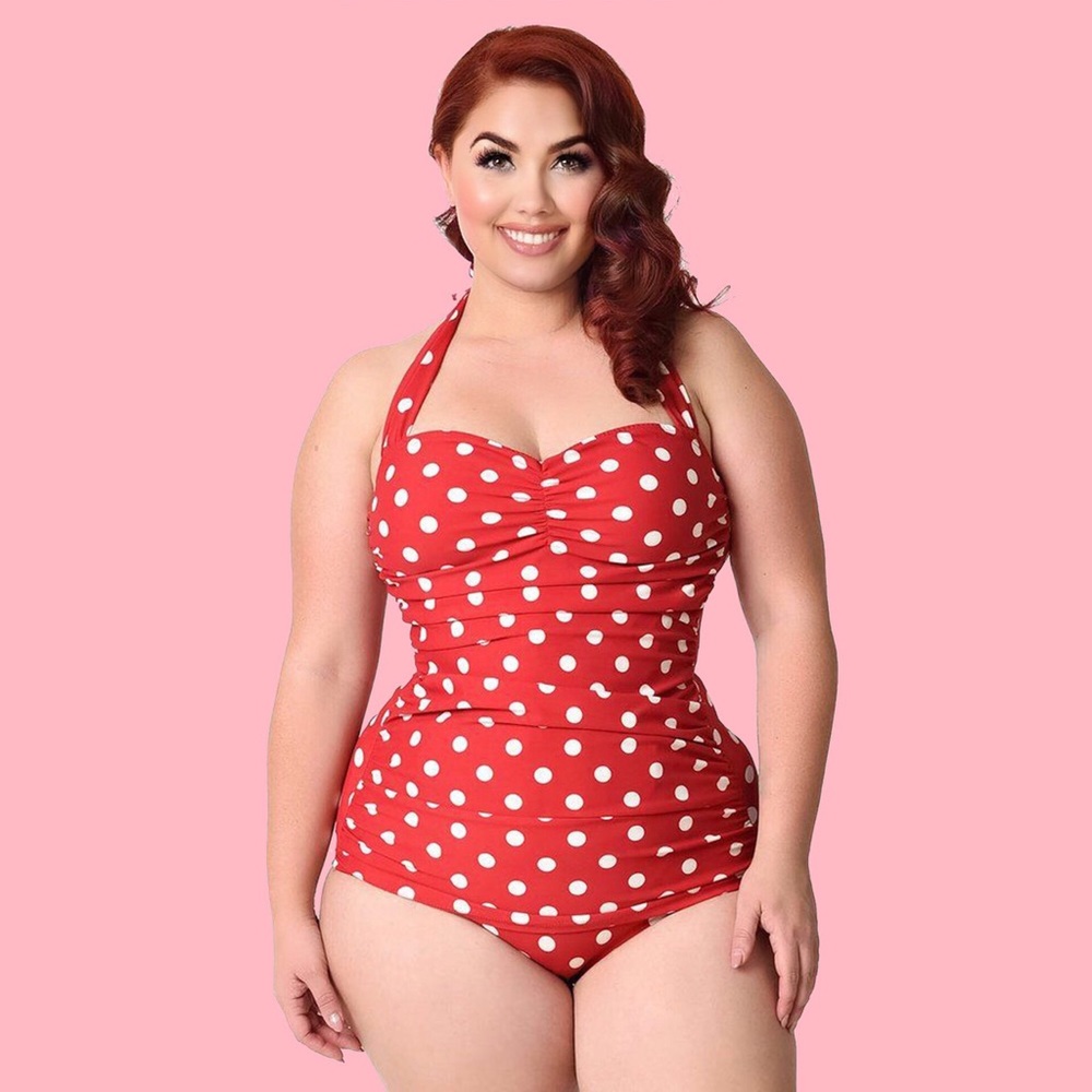 🌺New! Esther Williams Polka Dot Ruched Halter - Picture 3 of 5